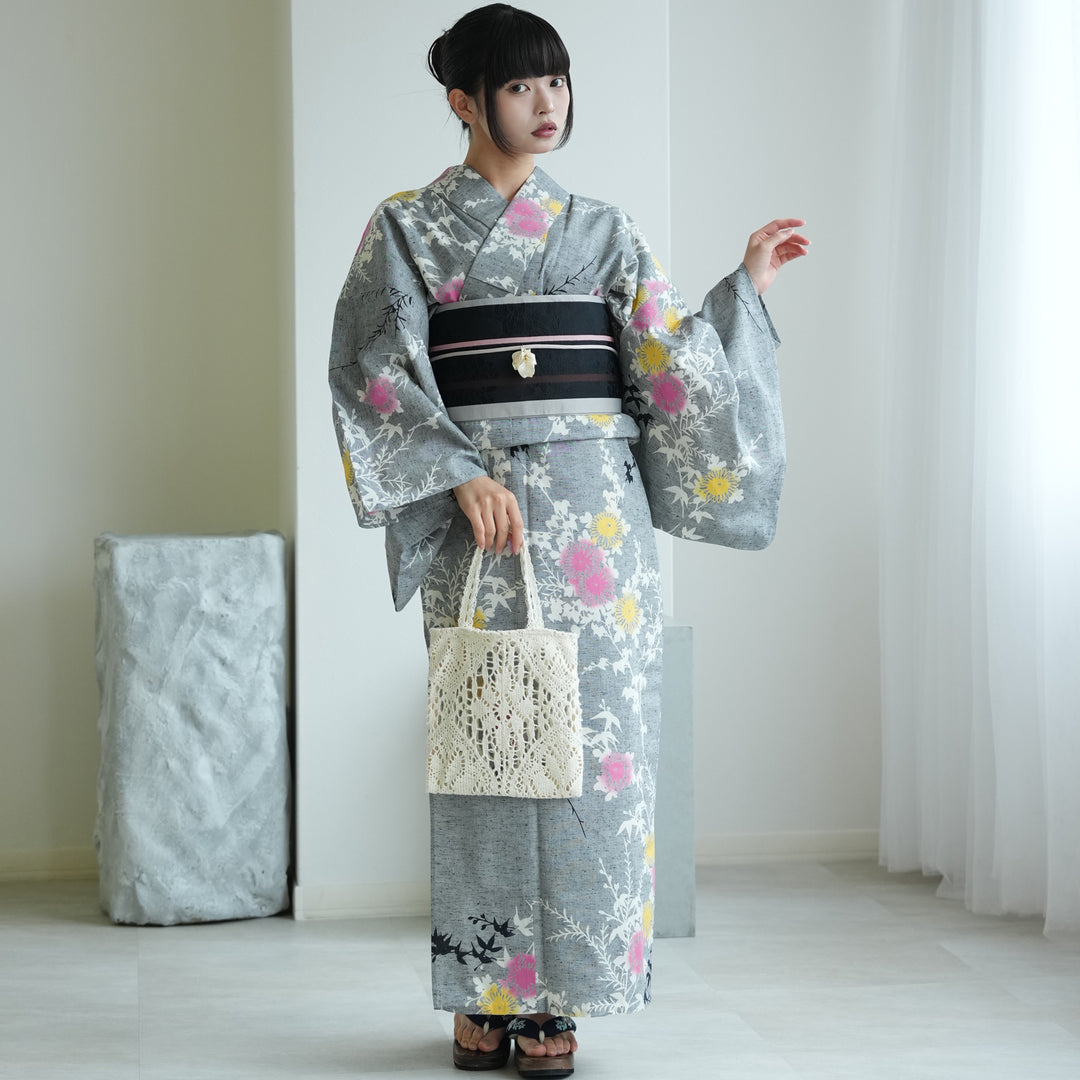 utatane×注染工房 浴衣3点セット（浴衣・帯・下駄）赤坂紬 上品グレー