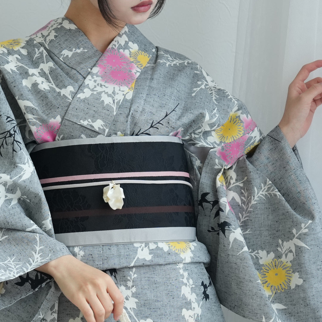 utatane×注染工房 浴衣3点セット（浴衣・帯・下駄）赤坂紬 上品グレー