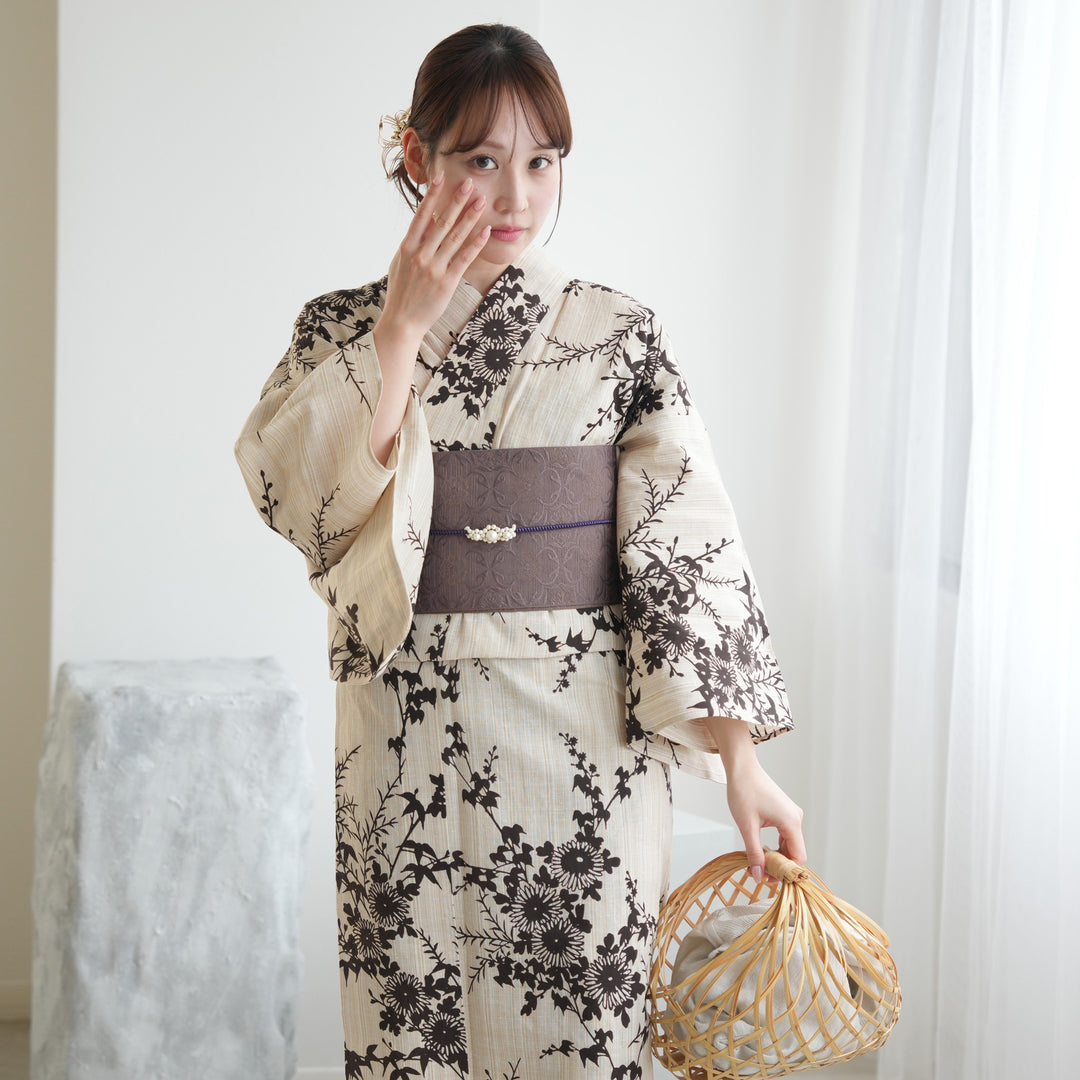 utatane × 注染工房 浴衣3点セット（ゆかた・帯・下駄）染めベージュに