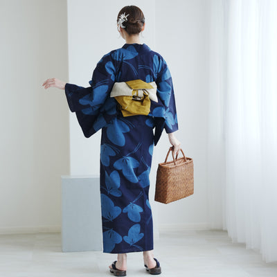 【utatane × 注染工房 浴衣3点セット（ゆかた・帯・下駄）赤坂紬　青藍に紋白蝶】フリーサイズ  日本製 小幅生地使用 特選シリーズ 注染 本染め  手縫い併用国内縫製 奈良の職人さんの手染め （5010262911）