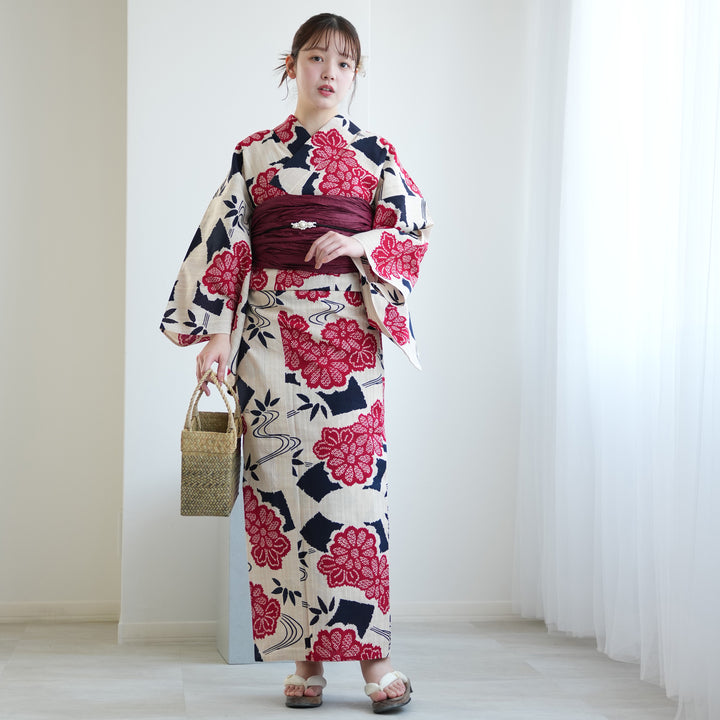 utatane×注染工房 浴衣3点セット（ゆかた・帯・下駄）先染めベージュ