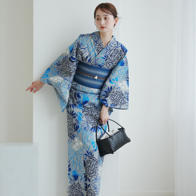 【utatane × 注染工房 浴衣3点セット（ゆかた・帯・下駄）赤坂紬　上品グレーに南国果物】フリーサイズ  日本製 小幅生地使用 特選シリーズ 注染 本染め  手縫い併用国内縫製 奈良の職人さんの手染め （5010263911）