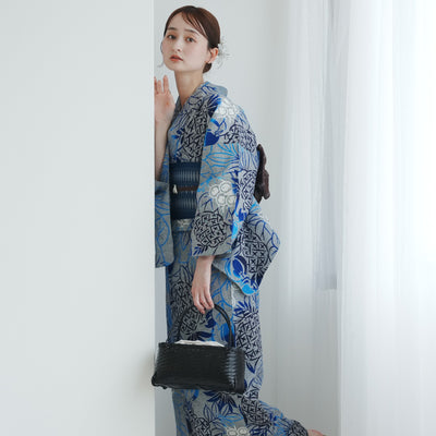 【utatane × 注染工房 浴衣3点セット（ゆかた・帯・下駄）赤坂紬　上品グレーに南国果物】フリーサイズ  日本製 小幅生地使用 特選シリーズ 注染 本染め  手縫い併用国内縫製 奈良の職人さんの手染め （5010263911）