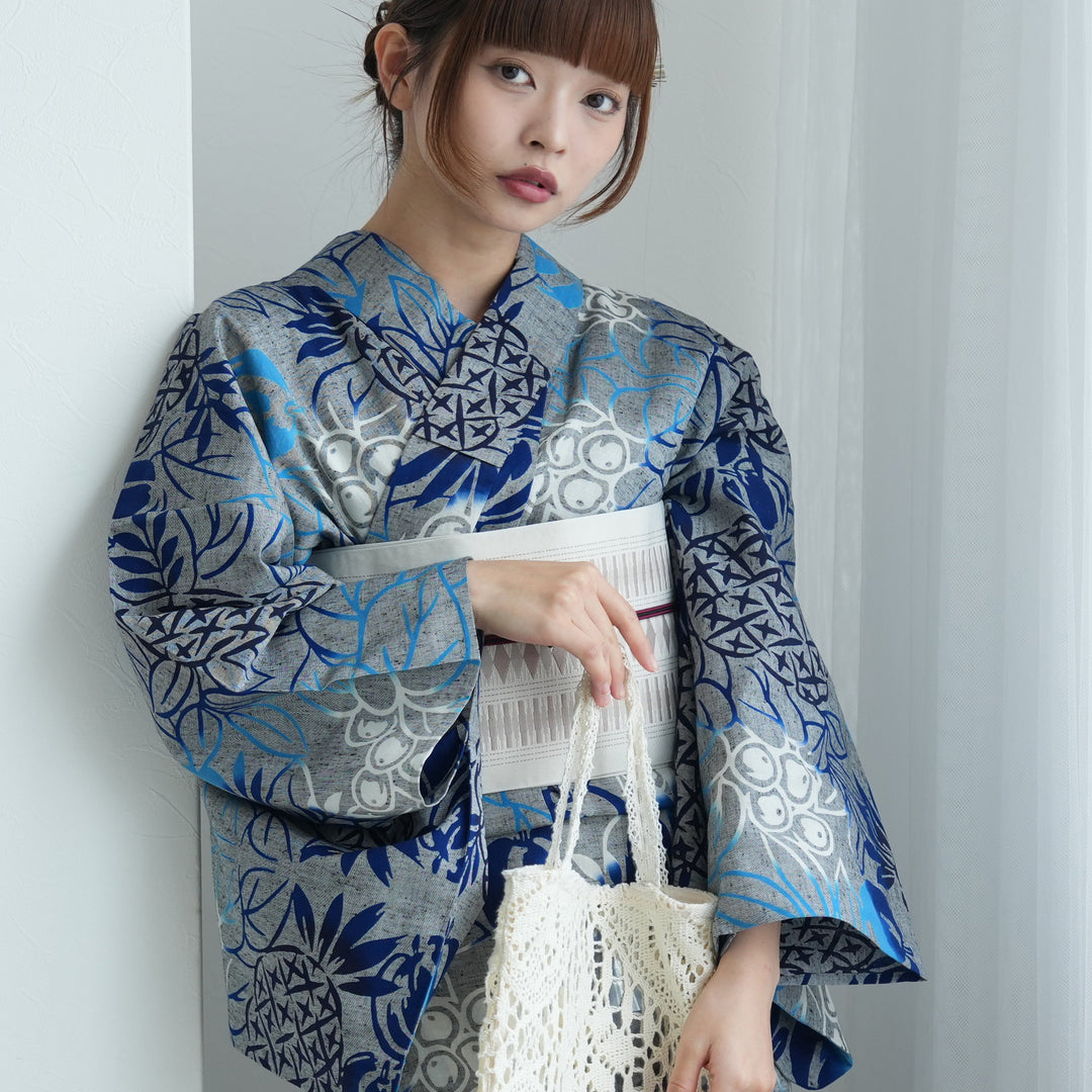 utatane×注染工房 浴衣3点セット（浴衣・帯・下駄）赤坂紬 上品グレー