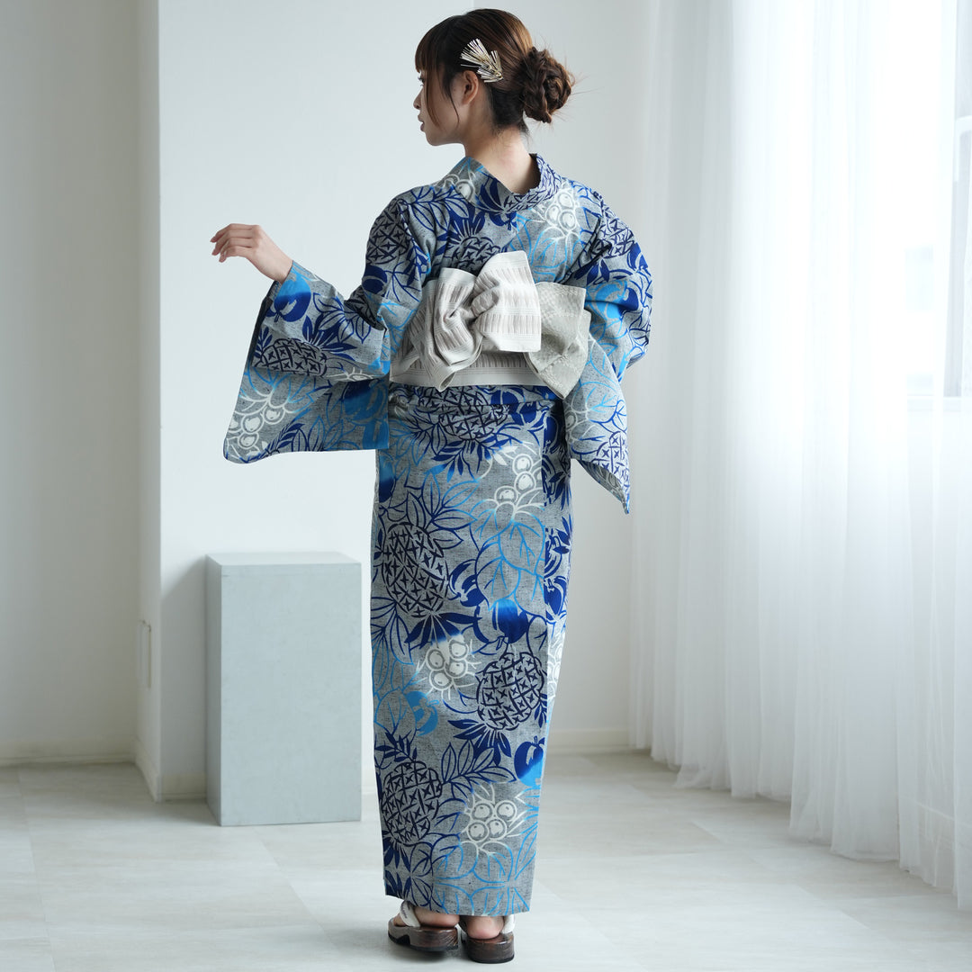utatane×注染工房 浴衣3点セット（浴衣・帯・下駄）赤坂紬 上品グレー