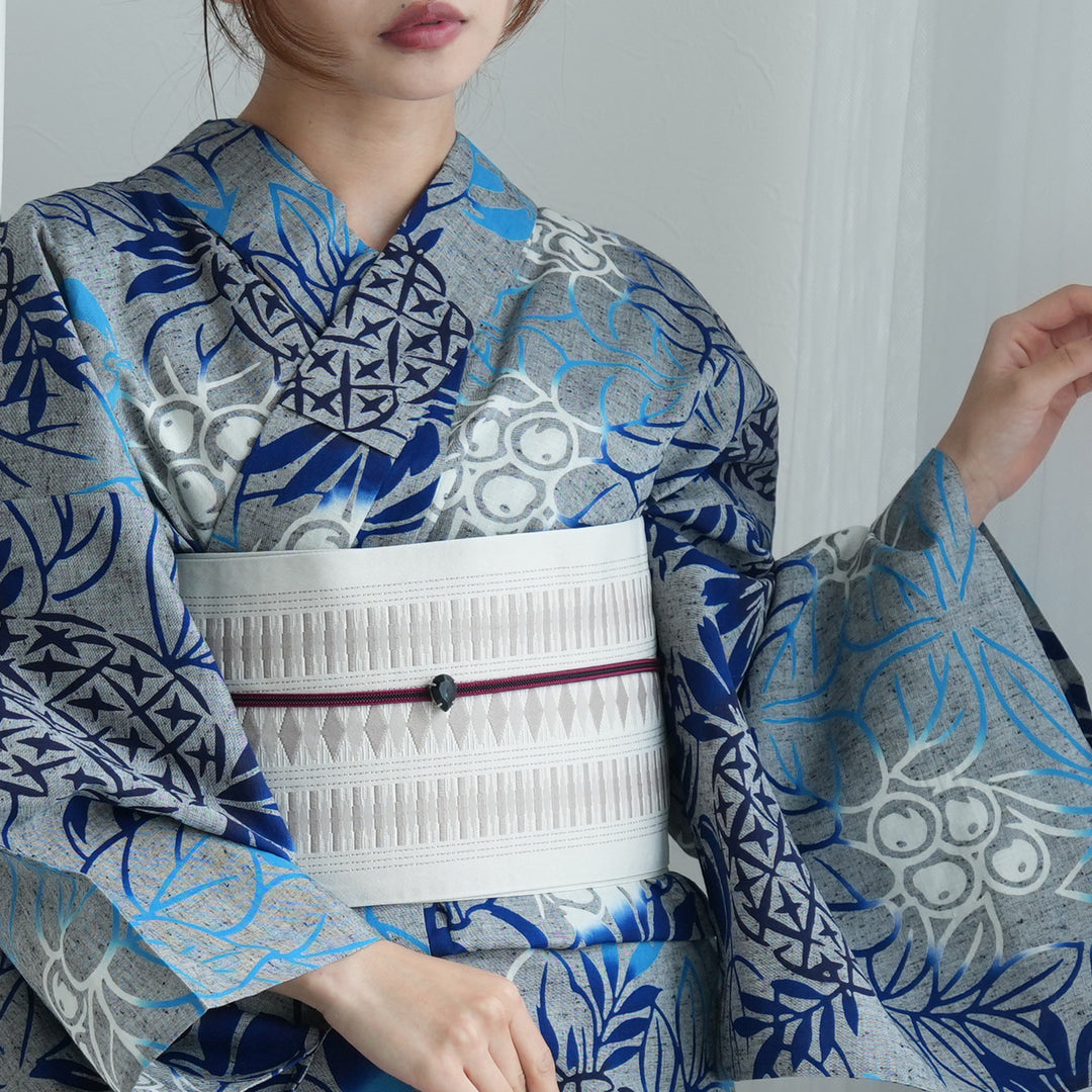 utatane×注染工房 浴衣3点セット（浴衣・帯・下駄）赤坂紬 上品グレー