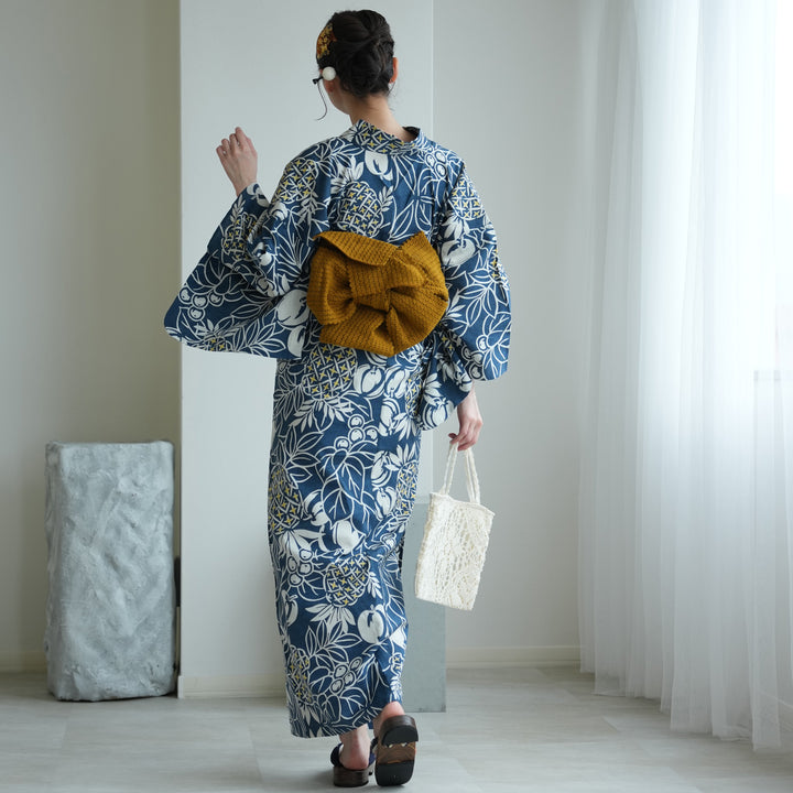 utatane×注染工房 浴衣3点セット（浴衣・帯・下駄）赤坂紬 青藍に南国