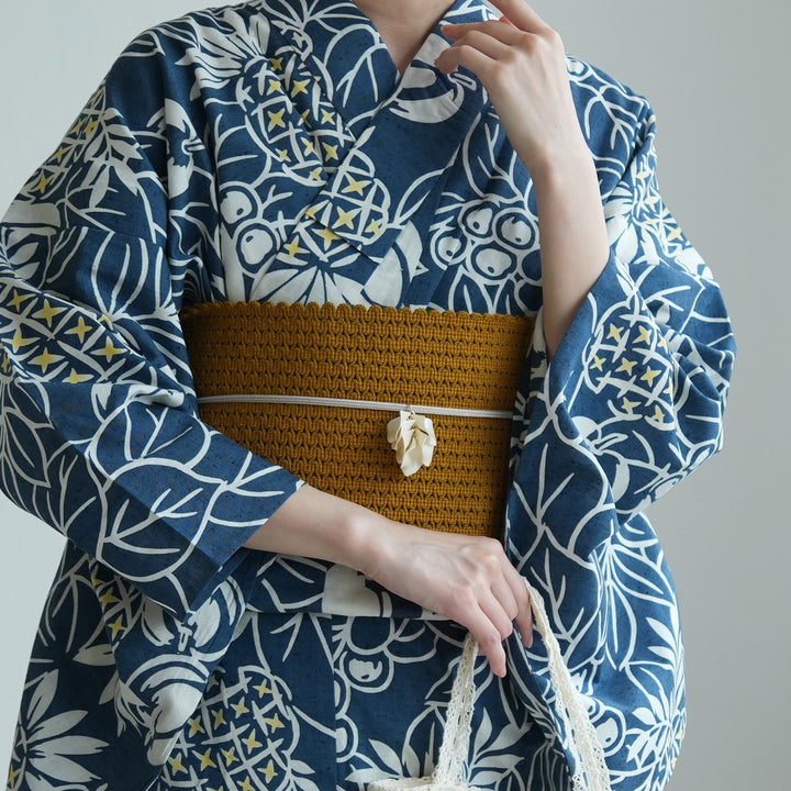 utatane×注染工房 浴衣3点セット（浴衣・帯・下駄）赤坂紬 青藍に南国