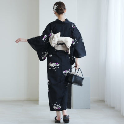 【utatane × 注染工房 浴衣3点セット（ゆかた・帯・下駄）赤坂紬　黒地に小さな蟹】フリーサイズ  日本製 小幅生地使用 特選シリーズ 注染 本染め  手縫い併用国内縫製 奈良の職人さんの手染め （5010264311）