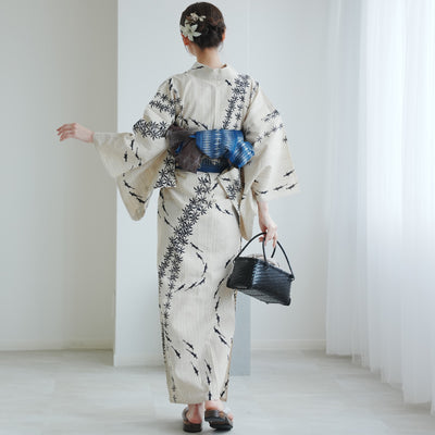 【utatane × 注染工房 浴衣3点セット（ゆかた・帯・下駄）先染めベージュに黒の水草めだか】フリーサイズ  日本製 小幅生地使用 特選シリーズ 注染 本染め  手縫い併用国内縫製 奈良の職人さんの手染め （5010264711）