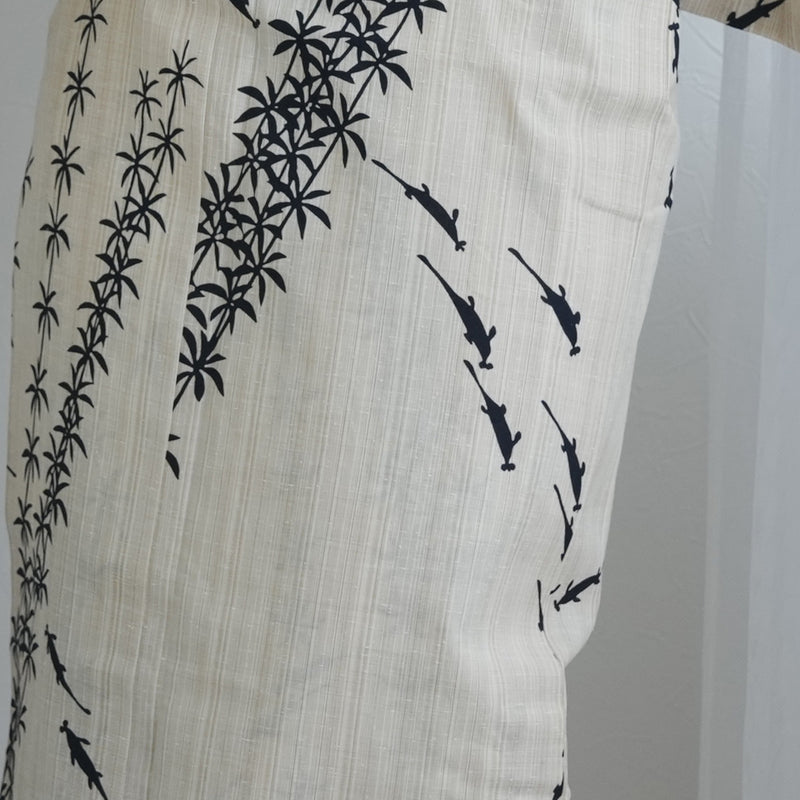 【utatane × 注染工房 浴衣3点セット（ゆかた・帯・下駄）先染めベージュに黒の水草めだか】フリーサイズ  日本製 小幅生地使用 特選シリーズ 注染 本染め  手縫い併用国内縫製 奈良の職人さんの手染め （5010264711）