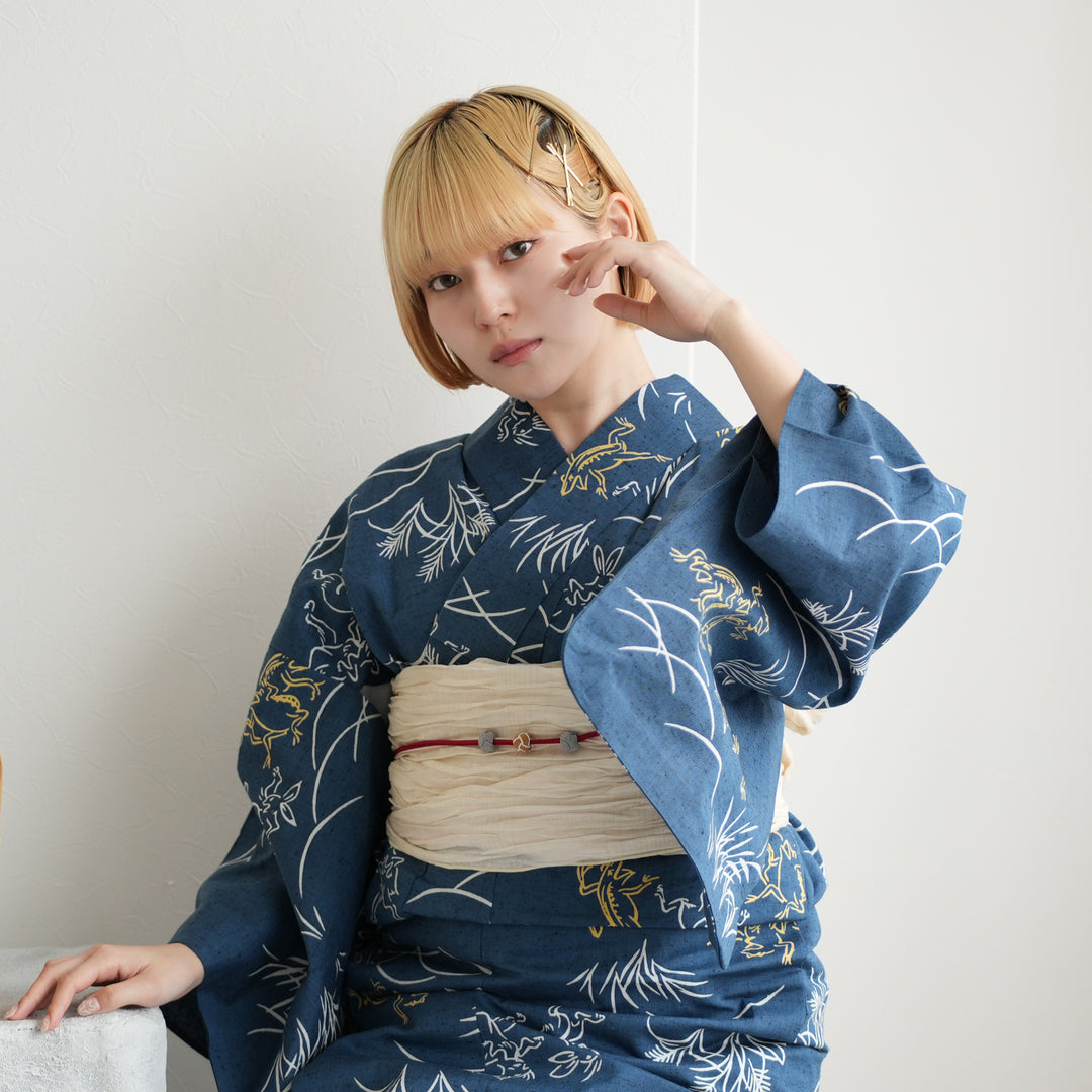 utatane×注染工房 浴衣3点セット（ゆかた・帯・下駄）赤坂紬 青藍に