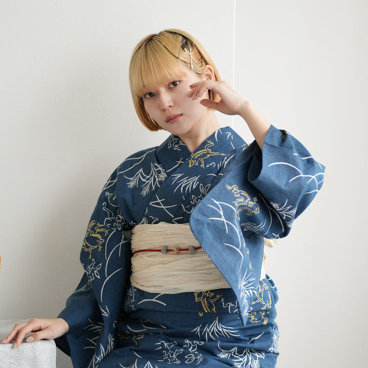utatane×注染工房 浴衣3点セット（ゆかた・帯・下駄）赤坂紬 青