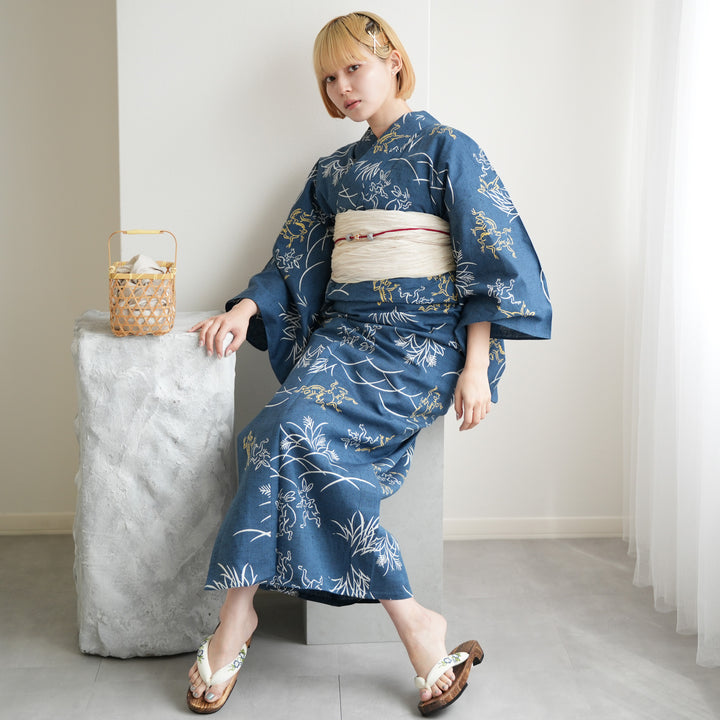 utatane×注染工房 浴衣3点セット（ゆかた・帯・下駄）赤坂紬 青藍に