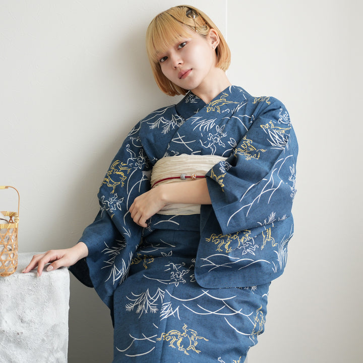 未使用　綿紬　本染浴衣　型染め　浴衣 着物　夏物　159㎝　 青　グレー 未使用 綿紬 本染浴衣 型染め 浴衣 着物 夏物 159㎝ 青 グレー