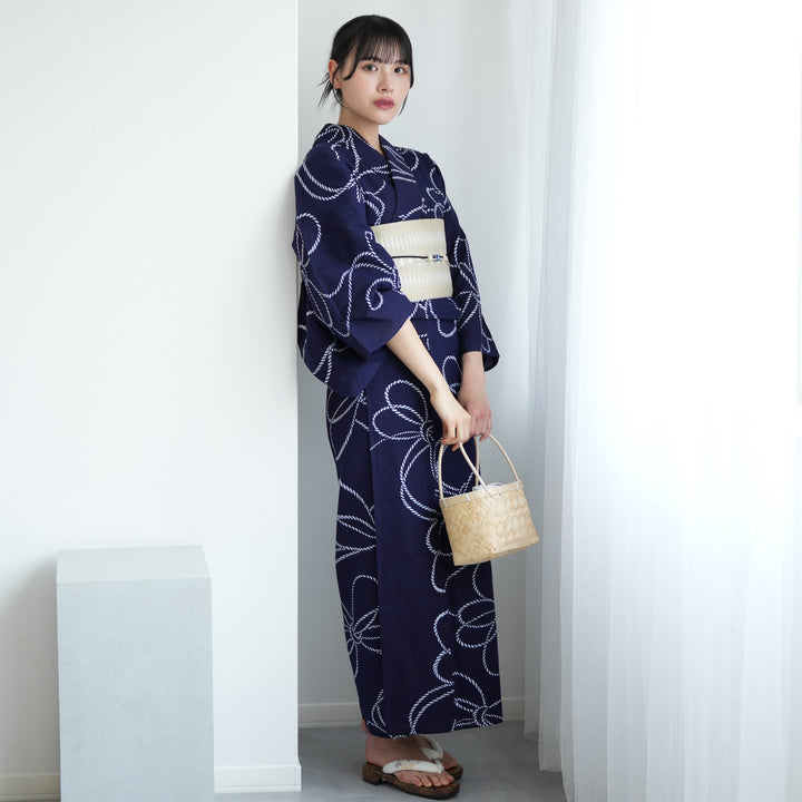 utatane×注染工房 浴衣3点セット（ゆかた・帯・下駄） 紺地の綱結び