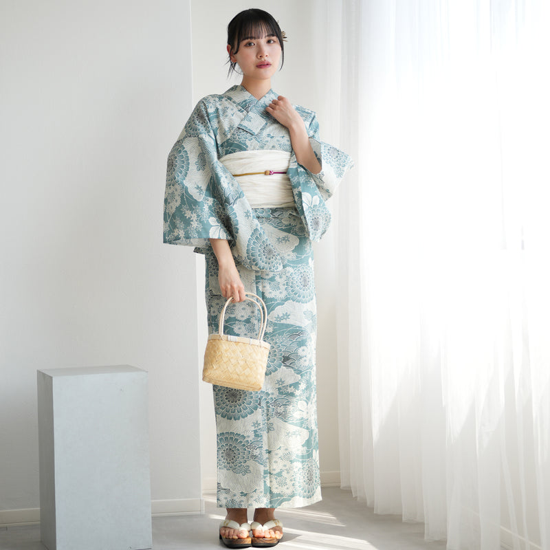 【ひよこ商店 高級変わり織 浴衣3点セット ( ゆかた・帯・下駄 )青碧色に菊爛漫】 フリーサイズ 国産生地 国内染色 コットン100％ 昭和レトロなくすみカラー（5010265411）