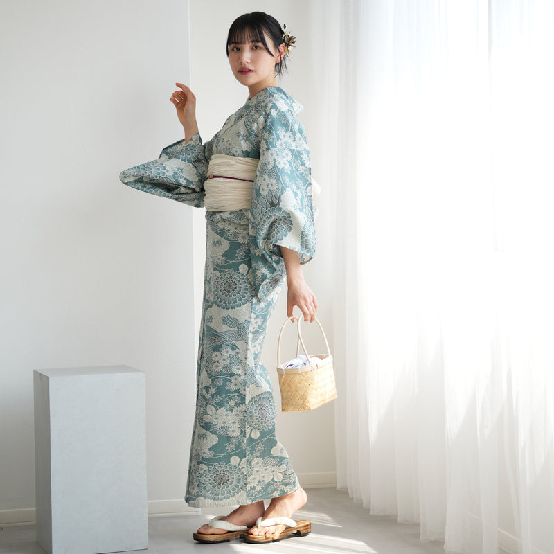 【ひよこ商店 高級変わり織 浴衣3点セット ( ゆかた・帯・下駄 )青碧色に菊爛漫】 フリーサイズ 国産生地 国内染色 コットン100％ 昭和レトロなくすみカラー（5010265411）