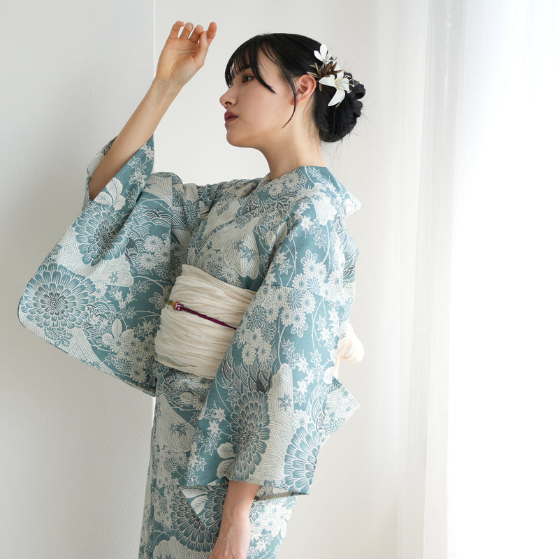 【ひよこ商店 高級変わり織 浴衣3点セット ( ゆかた・帯・下駄 )青碧色に菊爛漫】 フリーサイズ 国産生地 国内染色 コットン100％ 昭和レトロなくすみカラー（5010265411）