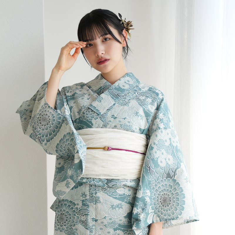 【ひよこ商店 高級変わり織 浴衣3点セット ( ゆかた・帯・下駄 )青碧色に菊爛漫】 フリーサイズ 国産生地 国内染色 コットン100％ 昭和レトロなくすみカラー（5010265411）