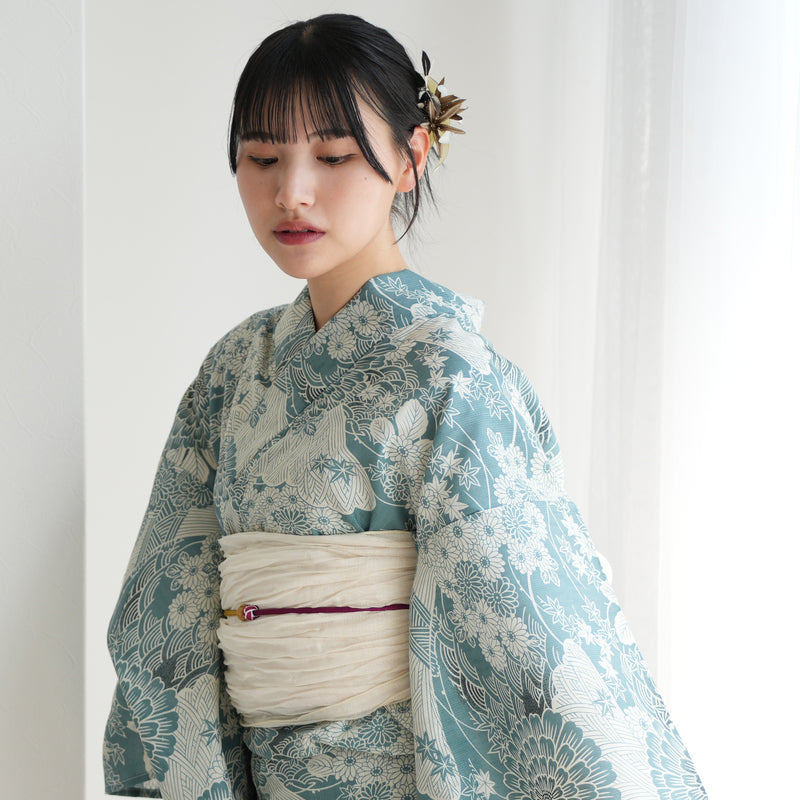 【ひよこ商店 高級変わり織 浴衣3点セット ( ゆかた・帯・下駄 )青碧色に菊爛漫】 フリーサイズ 国産生地 国内染色 コットン100％ 昭和レトロなくすみカラー（5010265411）