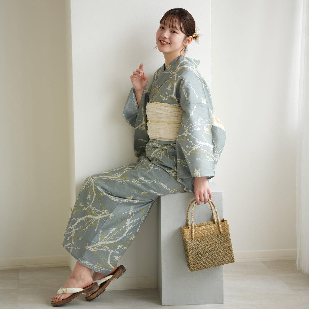未使用高島屋購入★あざみアザミと竹柄の浴衣ゆかた両面使える黒ねず茶帯バッグセット 未使用高島屋購入☆あざみアザミと竹柄の浴衣ゆかた両面使える黒