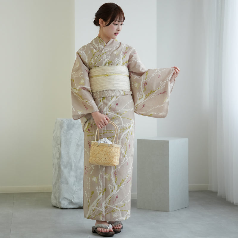 【ひよこ商店 高級変わり織 浴衣3点セット ( ゆかた・帯・下駄 )亜麻色に飛び回る雀】 フリーサイズ 国産生地 国内染色 コットン100％ 昭和レトロなくすみカラー（5010265811）