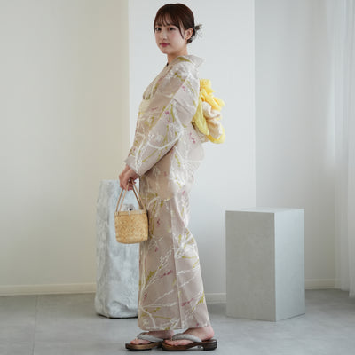 【ひよこ商店 高級変わり織 浴衣3点セット ( ゆかた・帯・下駄 )亜麻色に飛び回る雀】 フリーサイズ 国産生地 国内染色 コットン100％ 昭和レトロなくすみカラー（5010265811）