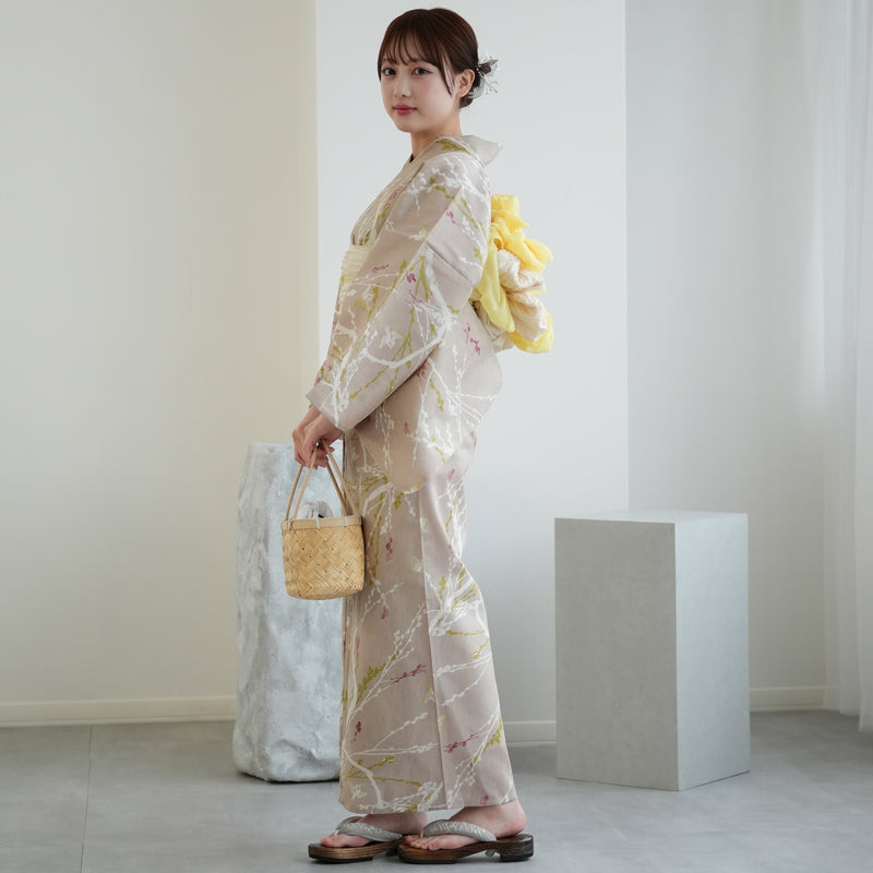 【ひよこ商店 高級変わり織 浴衣3点セット ( ゆかた・帯・下駄 )亜麻色に飛び回る雀】 フリーサイズ 国産生地 国内染色 コットン100％ 昭和レトロなくすみカラー（5010265811）