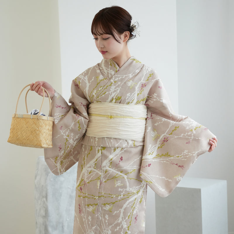 【ひよこ商店 高級変わり織 浴衣3点セット ( ゆかた・帯・下駄 )亜麻色に飛び回る雀】 フリーサイズ 国産生地 国内染色 コットン100％ 昭和レトロなくすみカラー（5010265811）