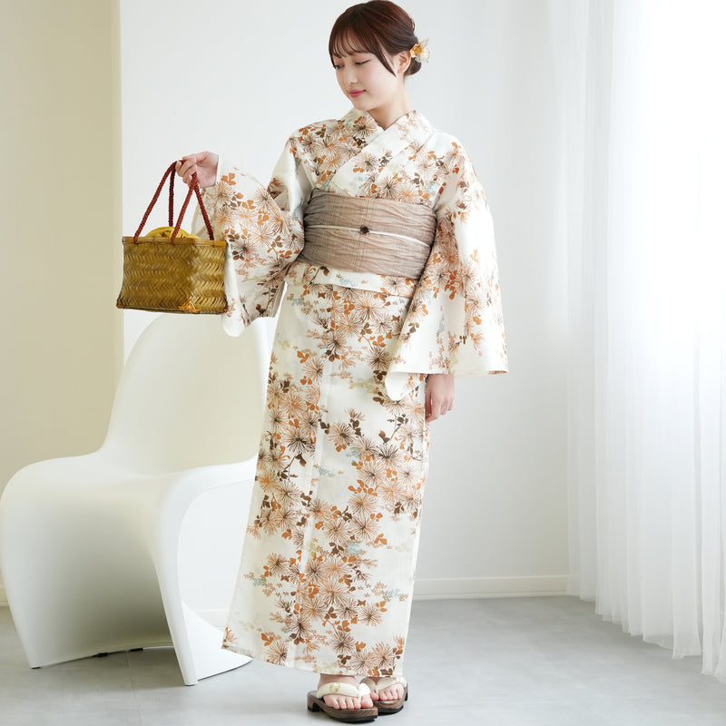 【ひよこ商店 高級変わり織 浴衣3点セット ( ゆかた・帯・下駄 )きなりに琥珀色の連なる小菊】 フリーサイズ 国産生地 国内染色 コットン100％ 昭和レトロなくすみカラー（5010265911）