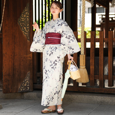 【utatane 高級変わり織 浴衣3点セット ( ゆかた・帯・下駄 ) サイダー色に溶け込む萩とトンボ】 3Lサイズ（ヒップ約130cm位まで対応） 国産生地 国内染色　昭和初期アンティーク復刻版（5013266511）