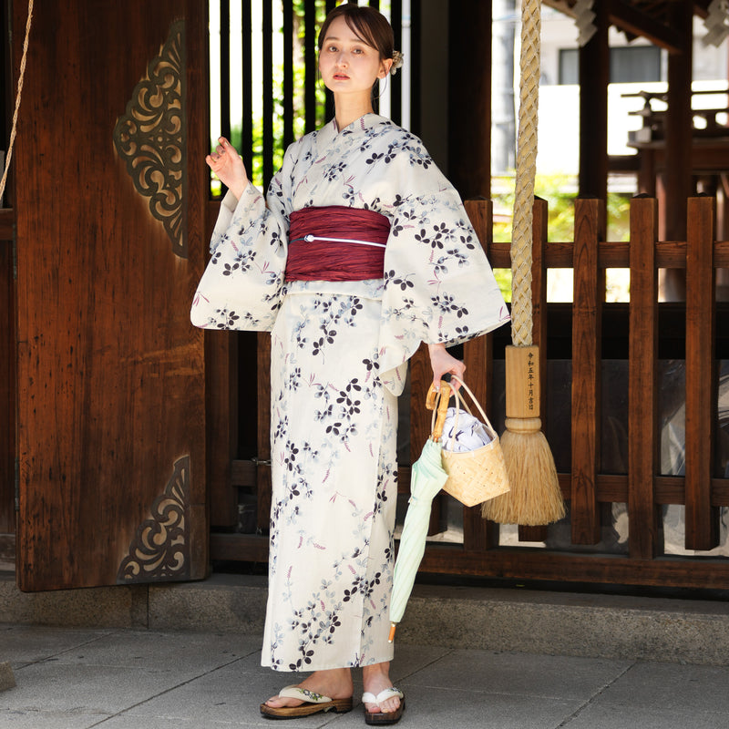 【utatane 高級変わり織 浴衣3点セット ( ゆかた・帯・下駄 ) サイダー色に溶け込む萩とトンボ】 3Lサイズ（ヒップ約130cm位まで対応） 国産生地 国内染色　昭和初期アンティーク復刻版（5013266511）