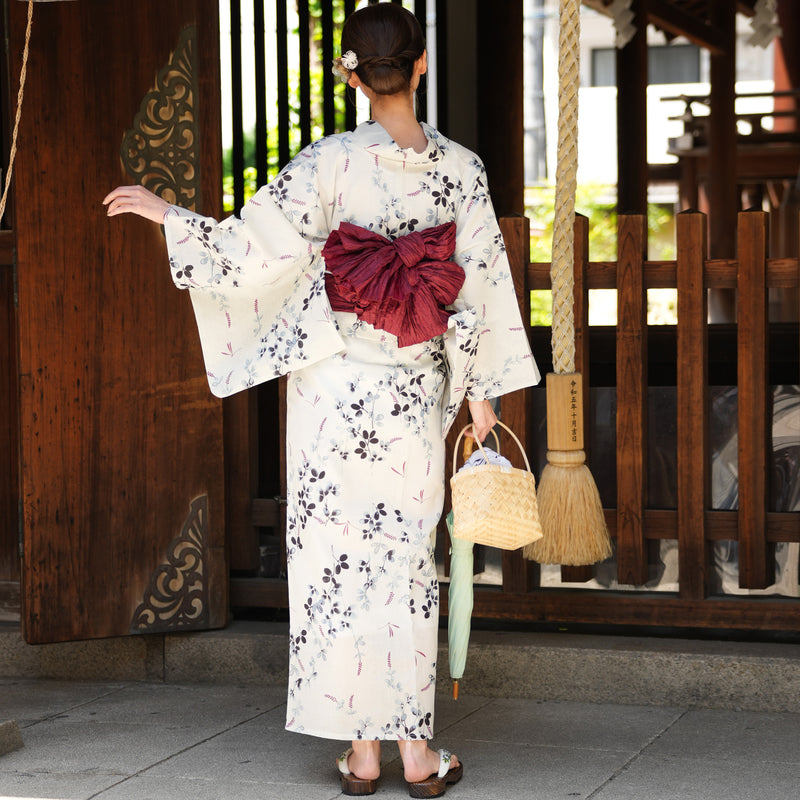 【utatane 高級変わり織 浴衣3点セット ( ゆかた・帯・下駄 ) サイダー色に溶け込む萩とトンボ】 3Lサイズ（ヒップ約130cm位まで対応） 国産生地 国内染色　昭和初期アンティーク復刻版（5013266511）