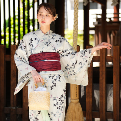 【utatane 高級変わり織 浴衣3点セット ( ゆかた・帯・下駄 ) サイダー色に溶け込む萩とトンボ】 3Lサイズ（ヒップ約130cm位まで対応） 国産生地 国内染色　昭和初期アンティーク復刻版（5013266511）