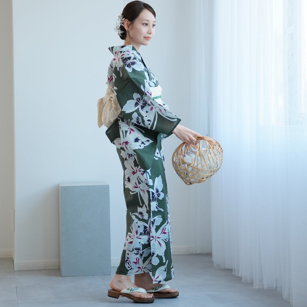 utatane 高級変わり織 浴衣3点セット ( ゆかた・帯・下駄 ) 灰緑
