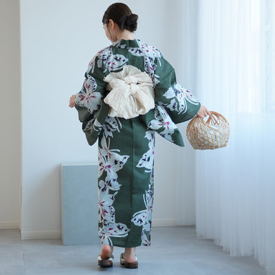 【utatane 高級変わり織 浴衣3点セット ( ゆかた・帯・下駄 ) 灰緑に揚羽】 Sサイズ（150-160cm） 国産生地 国内染色　個性派きもの（5011266711）