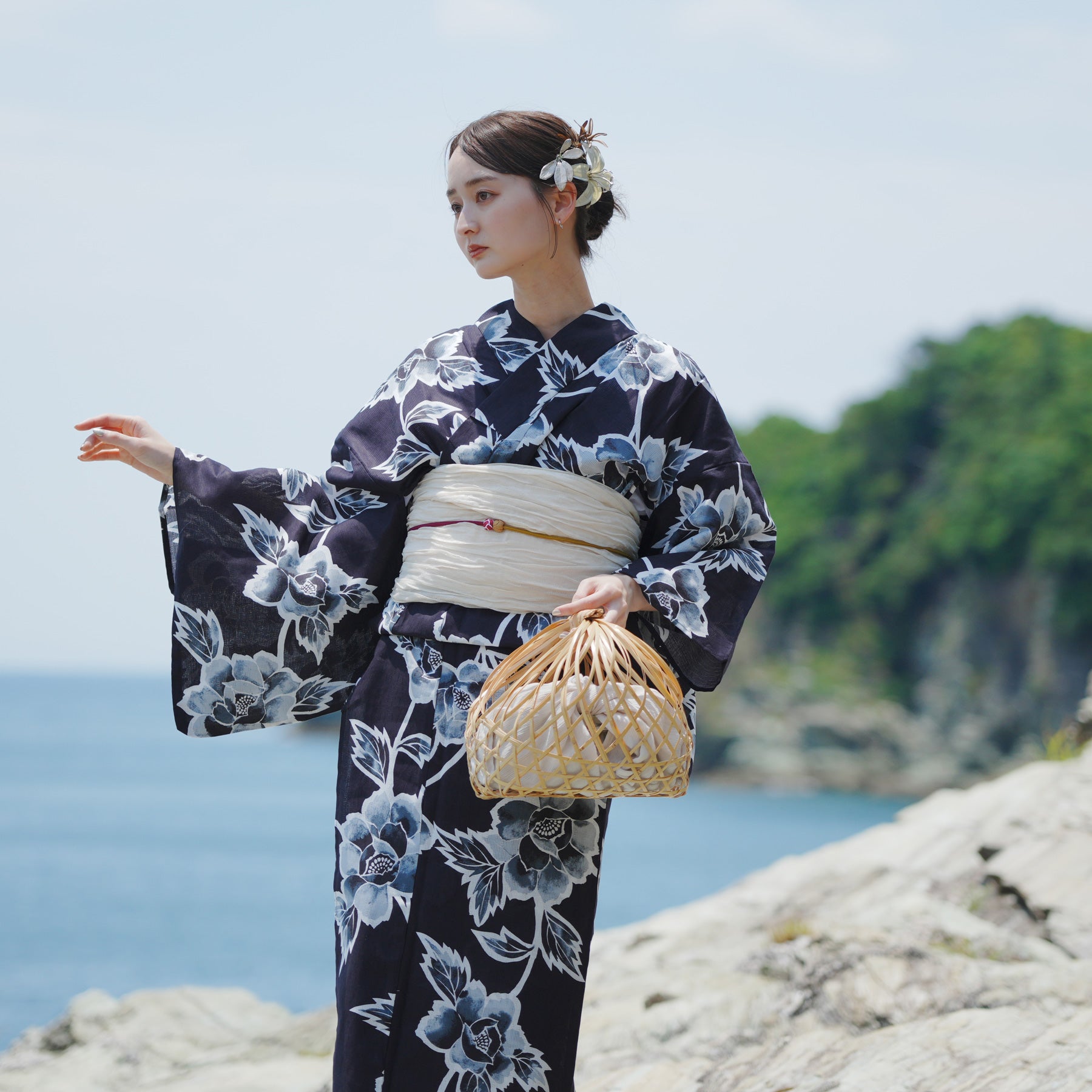 浴衣 大きめサイズ 浴衣 3L 牡丹 濃紺 帯 紺グレー 2点 新品 0731⑥