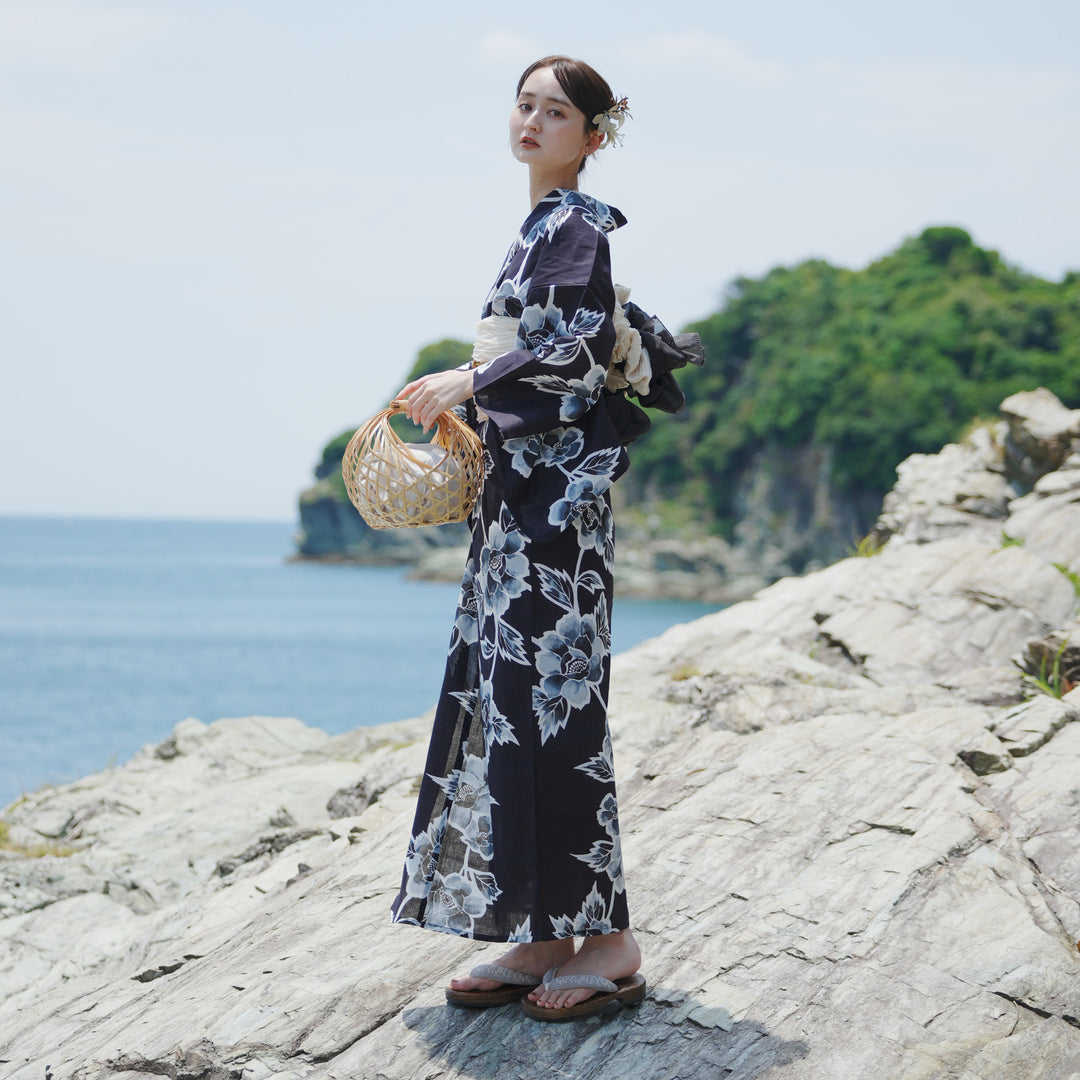 utatane 高級変わり織 浴衣3点セット ( ゆかた・帯・下駄 )濃紺