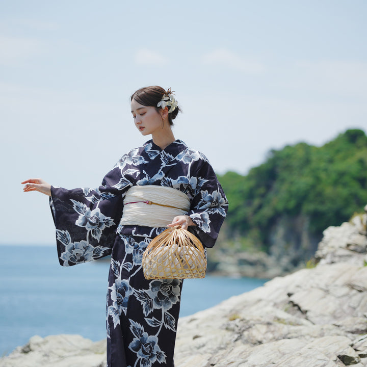 utatane 高級変わり織 浴衣3点セット ( ゆかた・帯・下駄 )濃紺