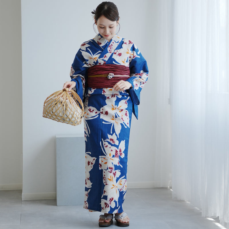 【utatane 高級変わり織 浴衣3点セット ( ゆかた・帯・下駄 )瑠璃青に揚羽】 Sサイズ（150-160cm） 国産生地 国内染色　個性派きもの（5011267111）