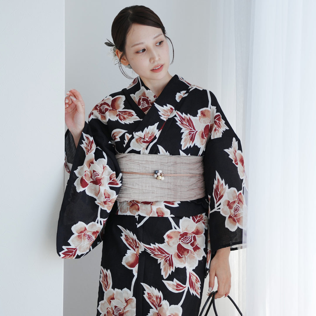 utatane 高級変わり織 浴衣3点セット ( ゆかた・帯・下駄 )黒に