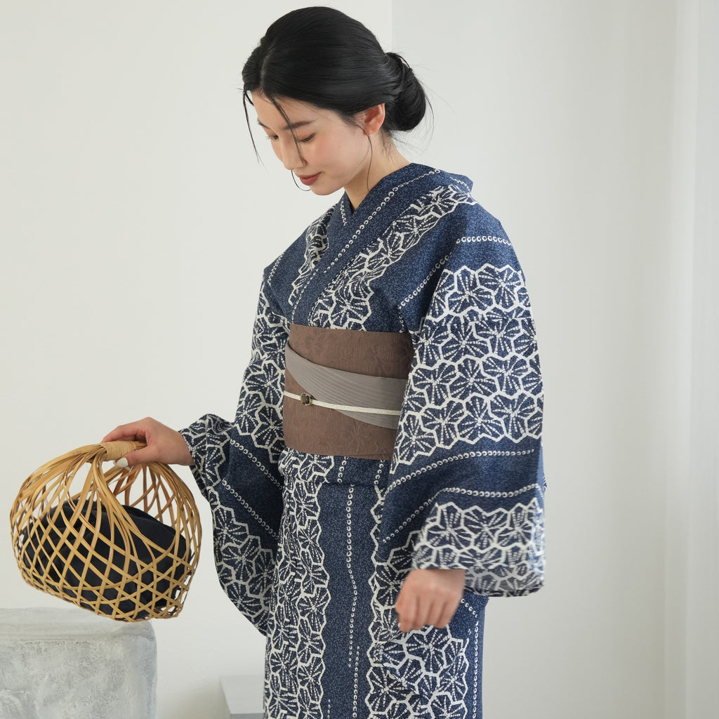 utatane 高級変わり織 浴衣3点セット ( ゆかた・帯・下駄 ) 紺色