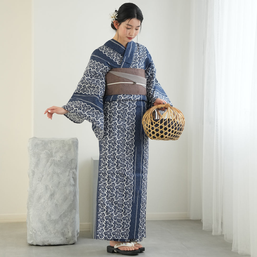 utatane 高級変わり織 浴衣3点セット ( ゆかた・帯・下駄 ) 紺色