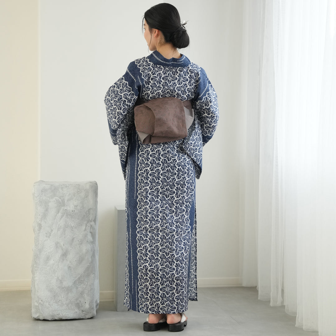 utatane 高級変わり織 浴衣3点セット ( ゆかた・帯・下駄 ) 紺色