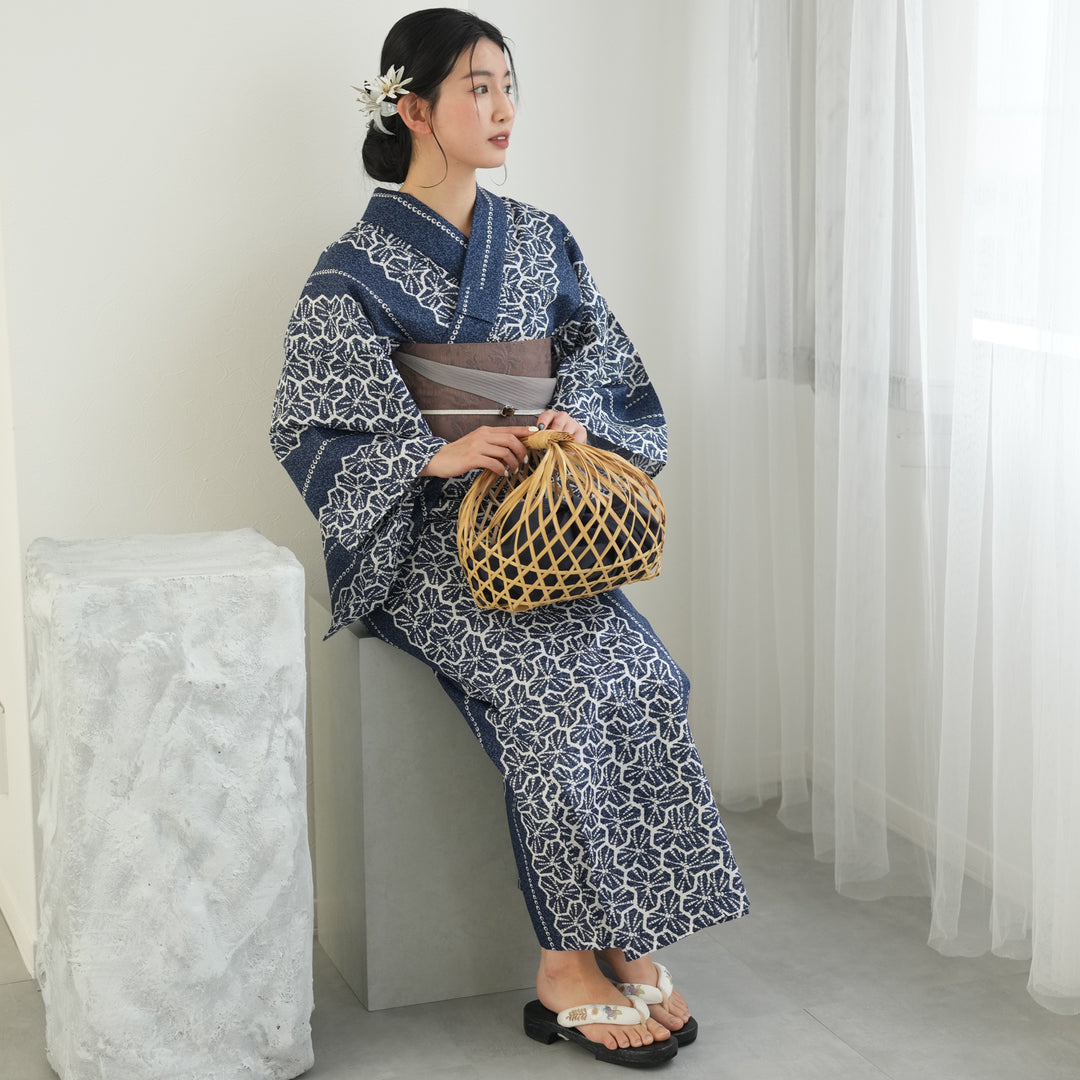utatane 高級変わり織 浴衣3点セット ( ゆかた・帯・下駄 ) 紺色