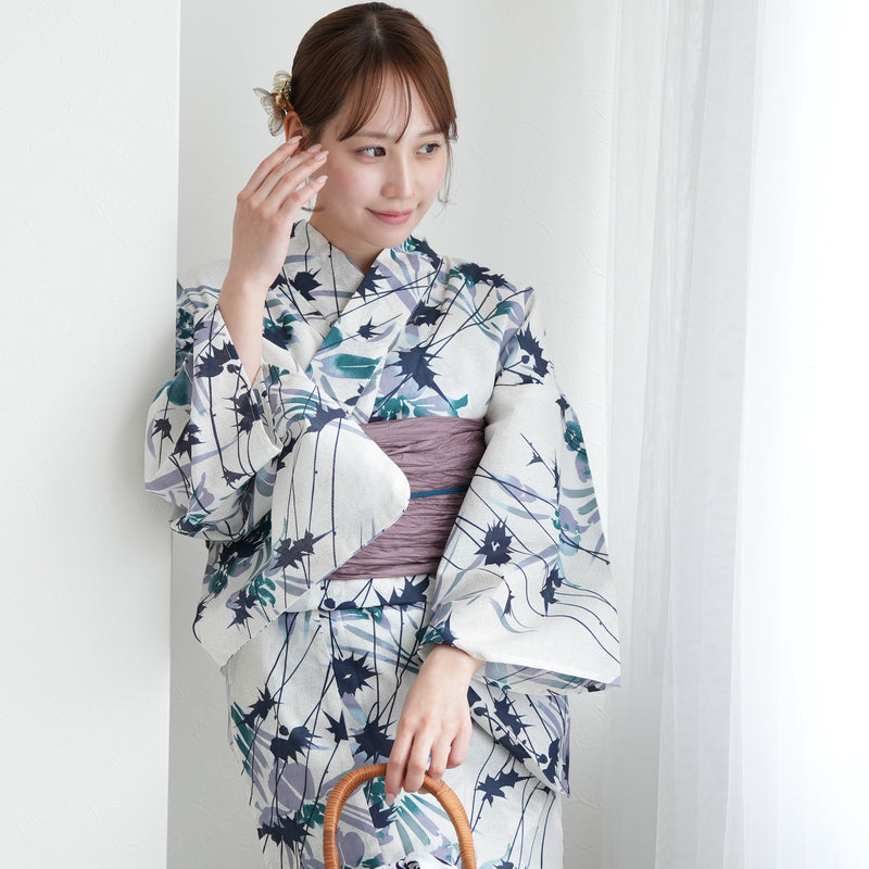 【utatane 高級変わり織 浴衣3点セット ( ゆかた・帯・下駄 ) 杢ベージュに涼しげ菖蒲とアザミ】 フリーサイズ 国産生地 国内染色　昭和初期アンティーク復刻版（5010267611）