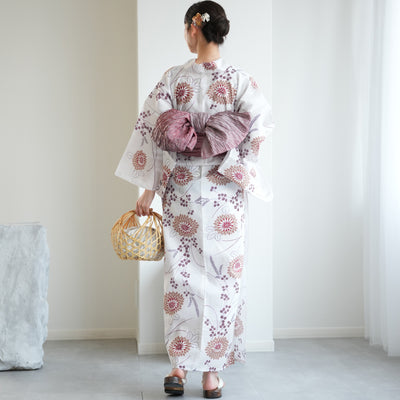 【utatane 高級変わり織 浴衣3点セット ( ゆかた・帯・下駄 ) 煉瓦色の剣菊と萩】 Sサイズ（150-160cm） 国産生地 国内染色　昭和初期アンティーク復刻版（5011267711）