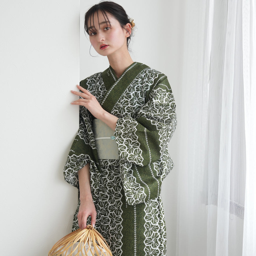 utatane 高級変わり織 浴衣3点セット ( ゆかた・帯・下駄 ) 抹茶の絞り