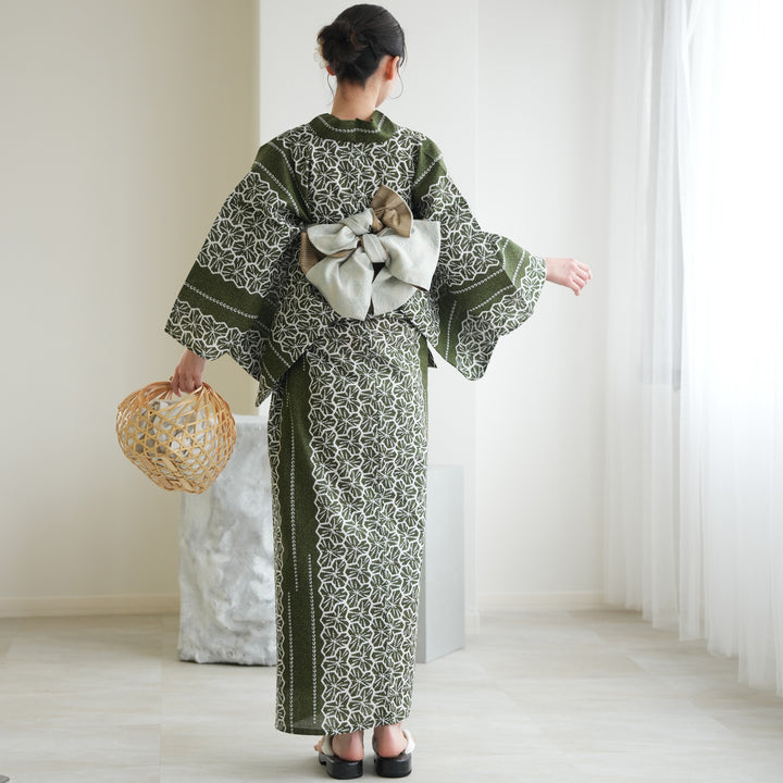 utatane 高級変わり織 浴衣3点セット ( ゆかた・帯・下駄 ) 抹茶